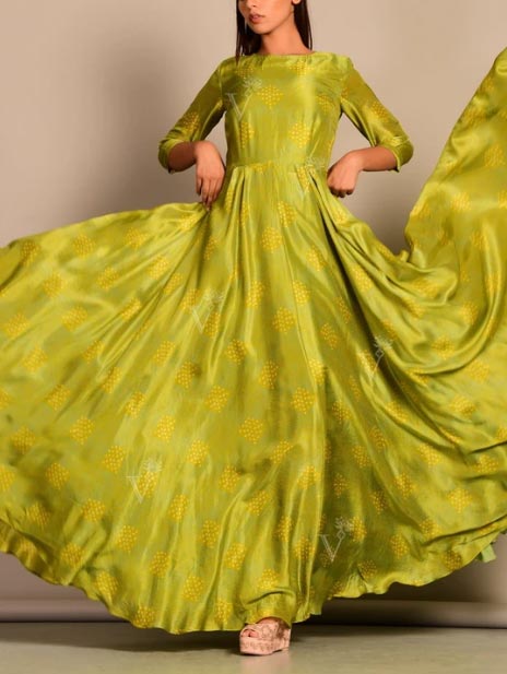 Green Printed Silk Anarkali Suits Tunic