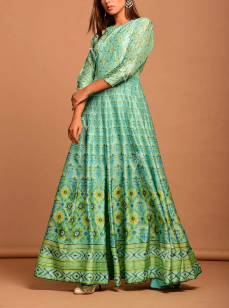 Turquoise Vasansi Silk Printed Anarkali Suits