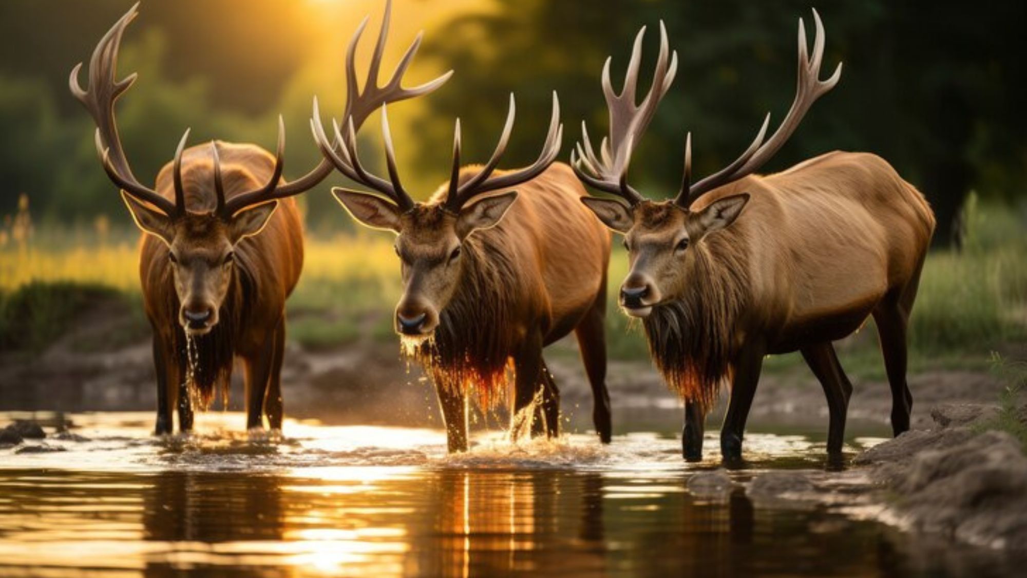 A serene countryside landscape with rolling rural places, and mooses drinking water